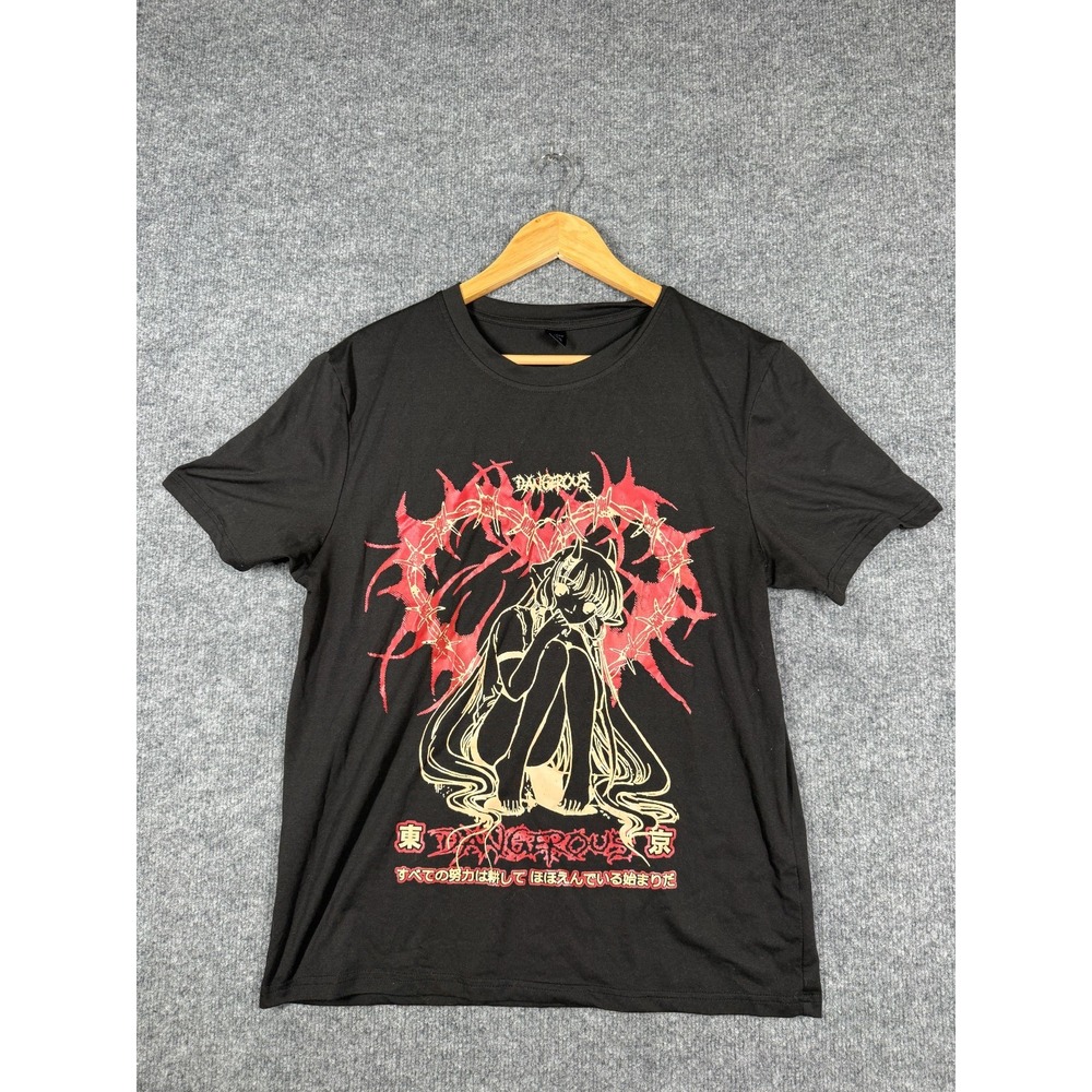 ROMWE Anime-Style T-Shirt Men Small Black Graphic Red Thorny Heart Japanese Text